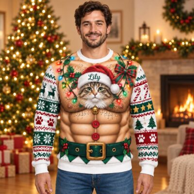 Pet   Muscular Cat Portrait Custom  Ugly Christmas Sweater