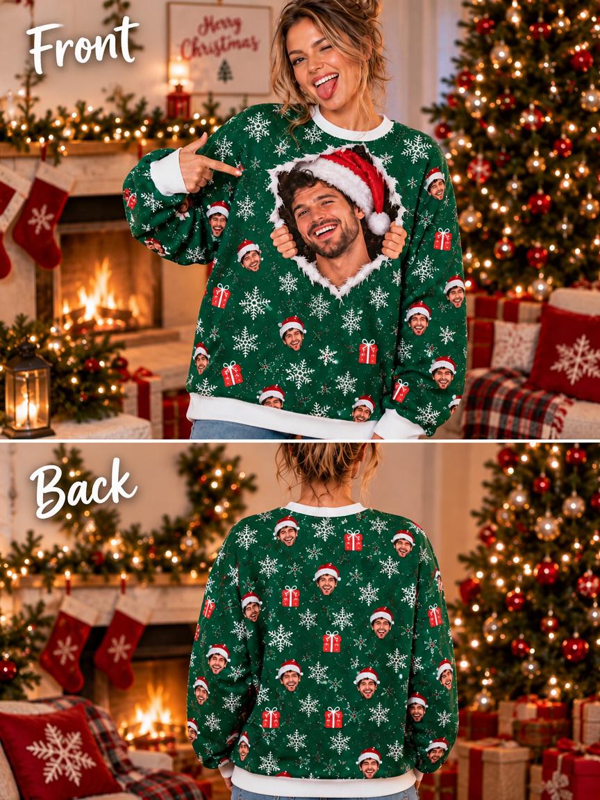 Funny Spouse Face Cutout Custom Ugly Christmas Sweater - Image 3