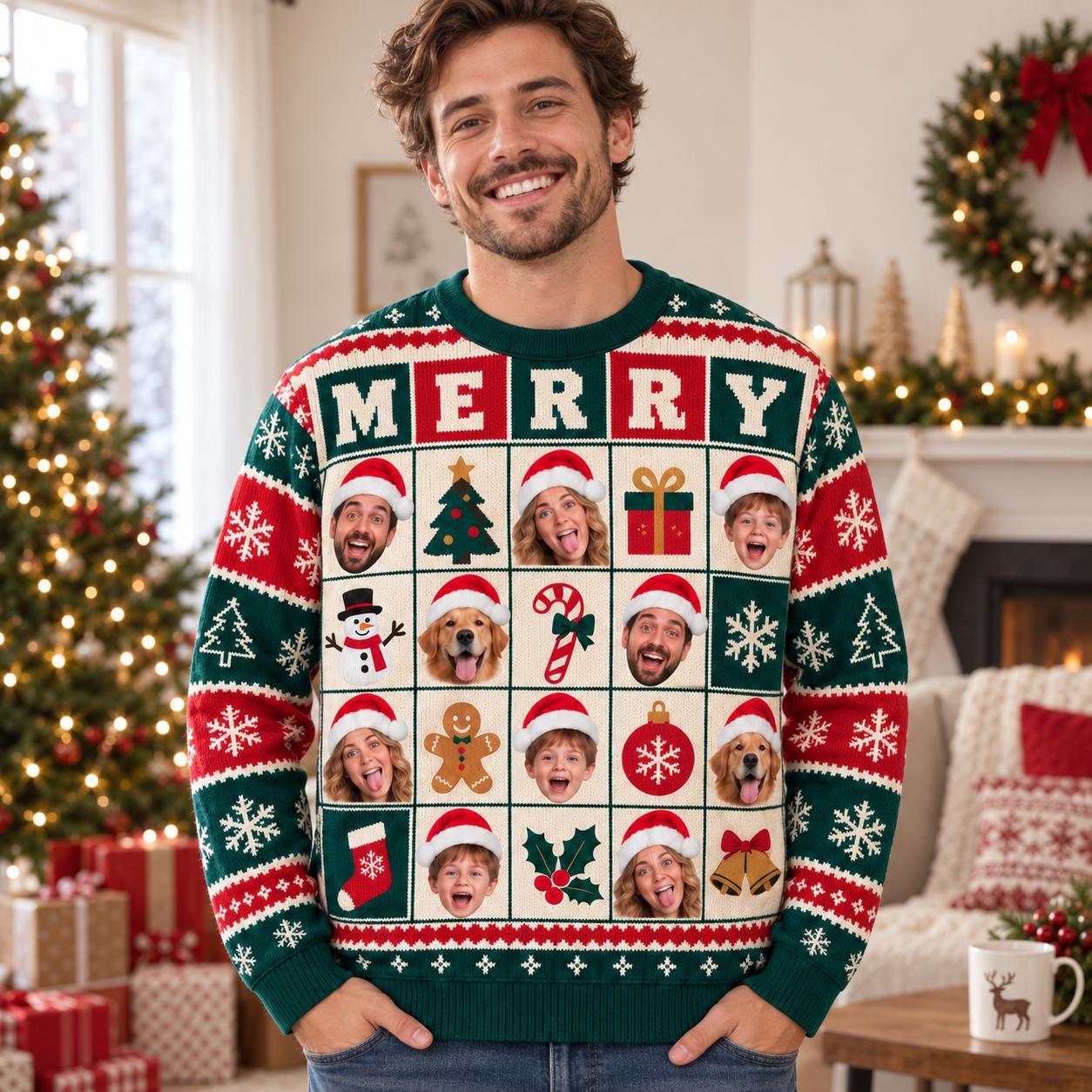 Family Faces Portrait Matching Custom Ugly Christmas Sweater - Image 3