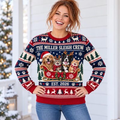 Pet   Sleigh Pets Portrait Custom  Ugly Christmas Sweater