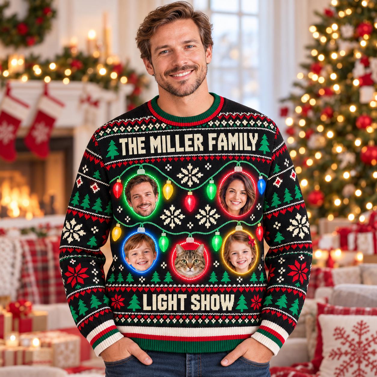 Family Cat Lights Portrait Custom Ugly Christmas Sweater - Image 3