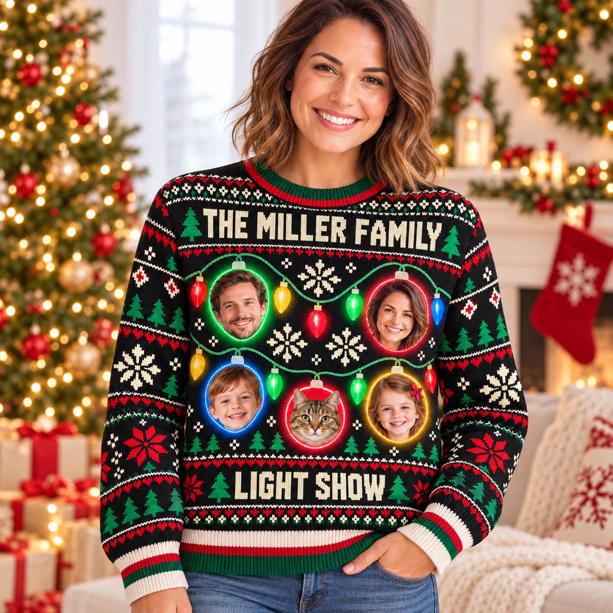 Family Cat Lights Portrait Custom Ugly Christmas Sweater - Image 2