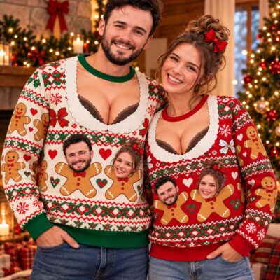 Couples   Gingerbread Cleavage Faces Custom  Ugly Christmas Sweater