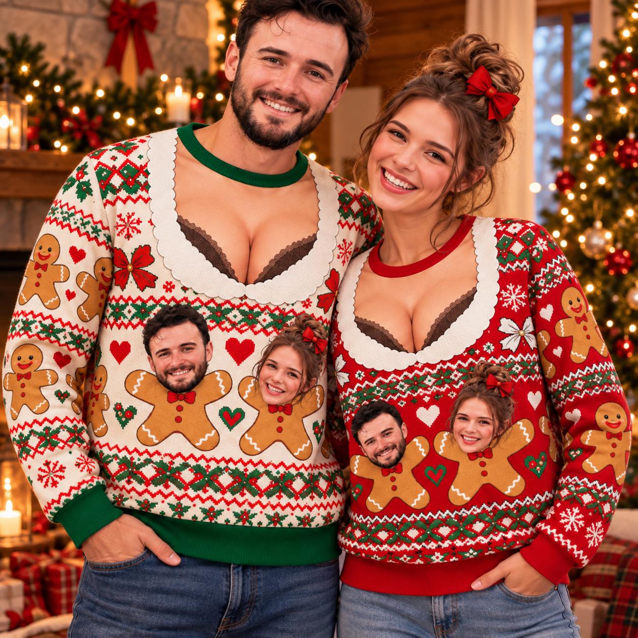Couples Gingerbread Cleavage Faces Custom Ugly Christmas Sweater