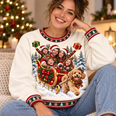 Family   Pet Portrait Gathering Custom  Ugly Christmas Sweater
