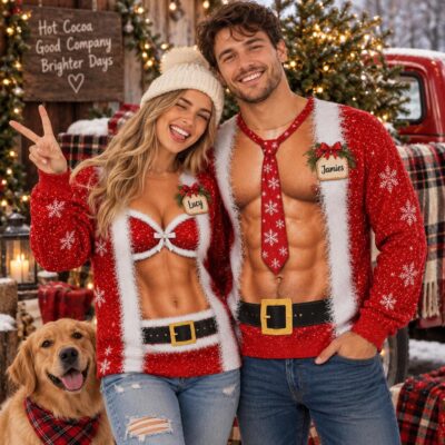 Couples Muscle Santa Suit Custom Ugly Christmas Sweater