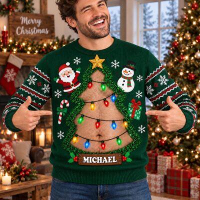 Funny   Belly Tree Hairy Custom  Ugly Christmas Sweater