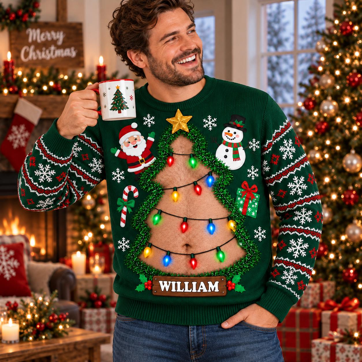 Funny Belly Tree Hairy Custom Ugly Christmas Sweater - Image 2