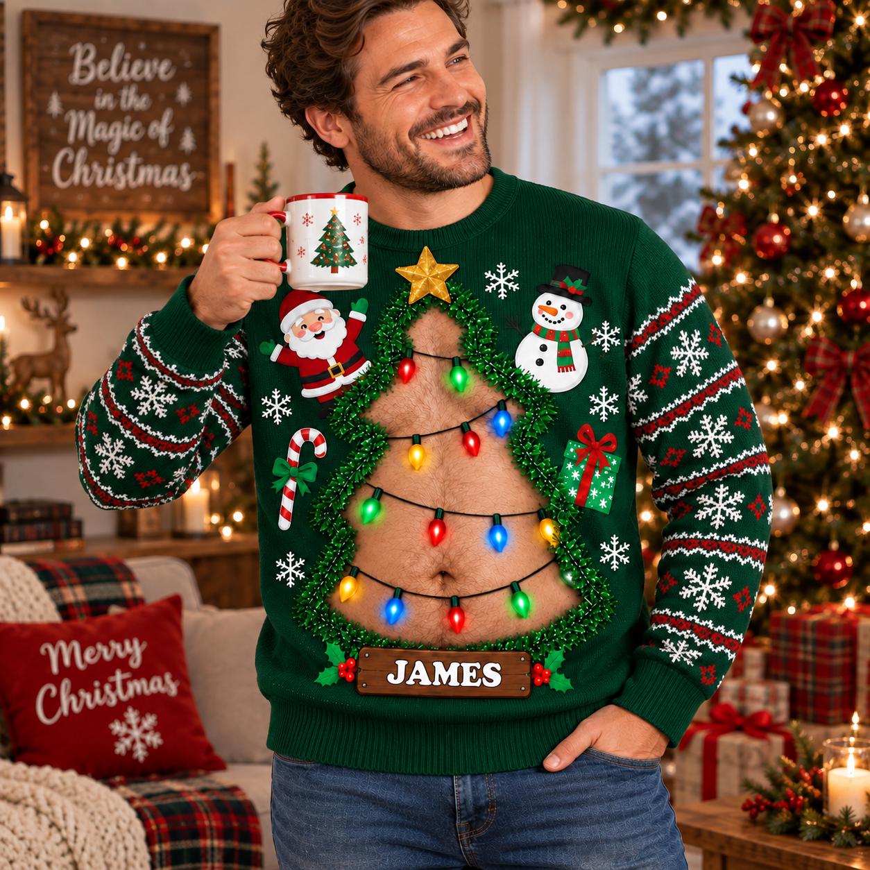 Funny Belly Tree Gag Custom Ugly Christmas Sweater - Image 2