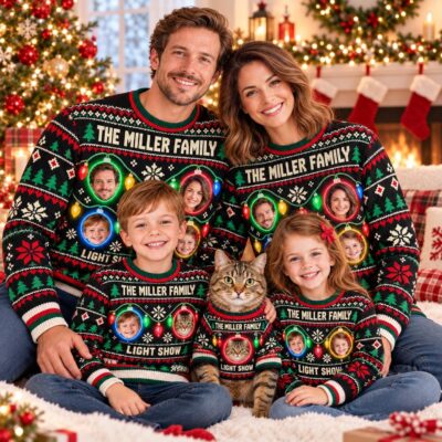 Family   Cat Lights Portrait Custom  Ugly Christmas Sweater