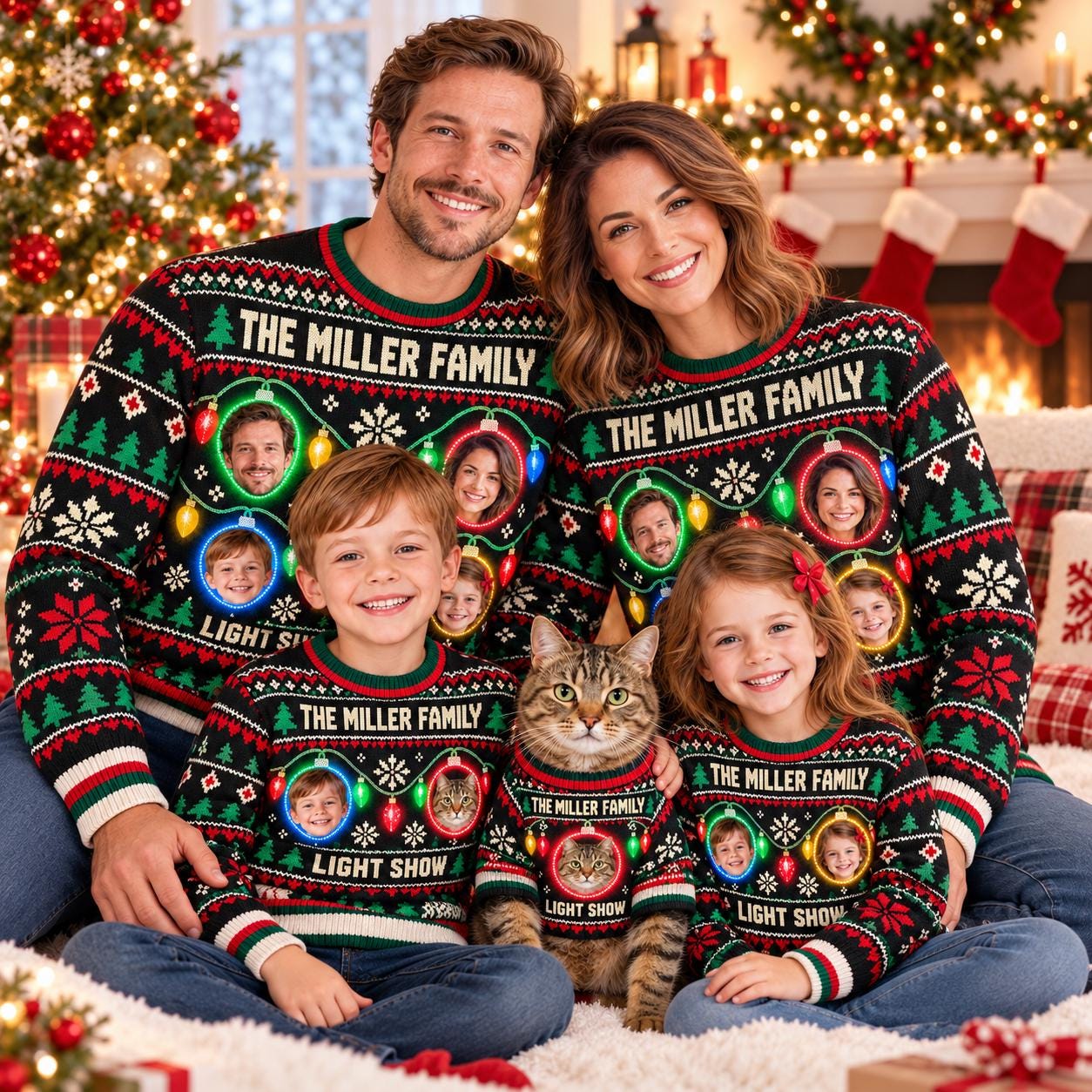 Family Cat Lights Portrait Custom Ugly Christmas Sweater