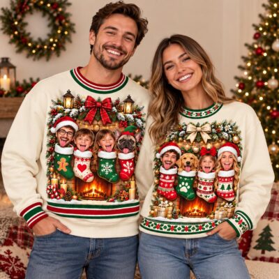 Family   Pet Portrait Crew Custom  Ugly Christmas Sweater