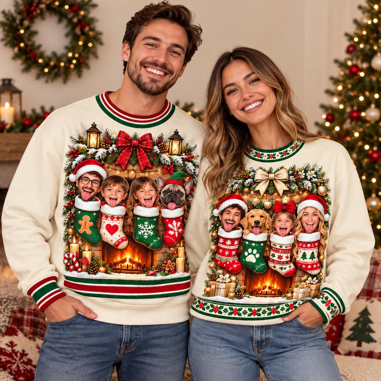 Family Pet Portrait Crew Custom Ugly Christmas Sweater