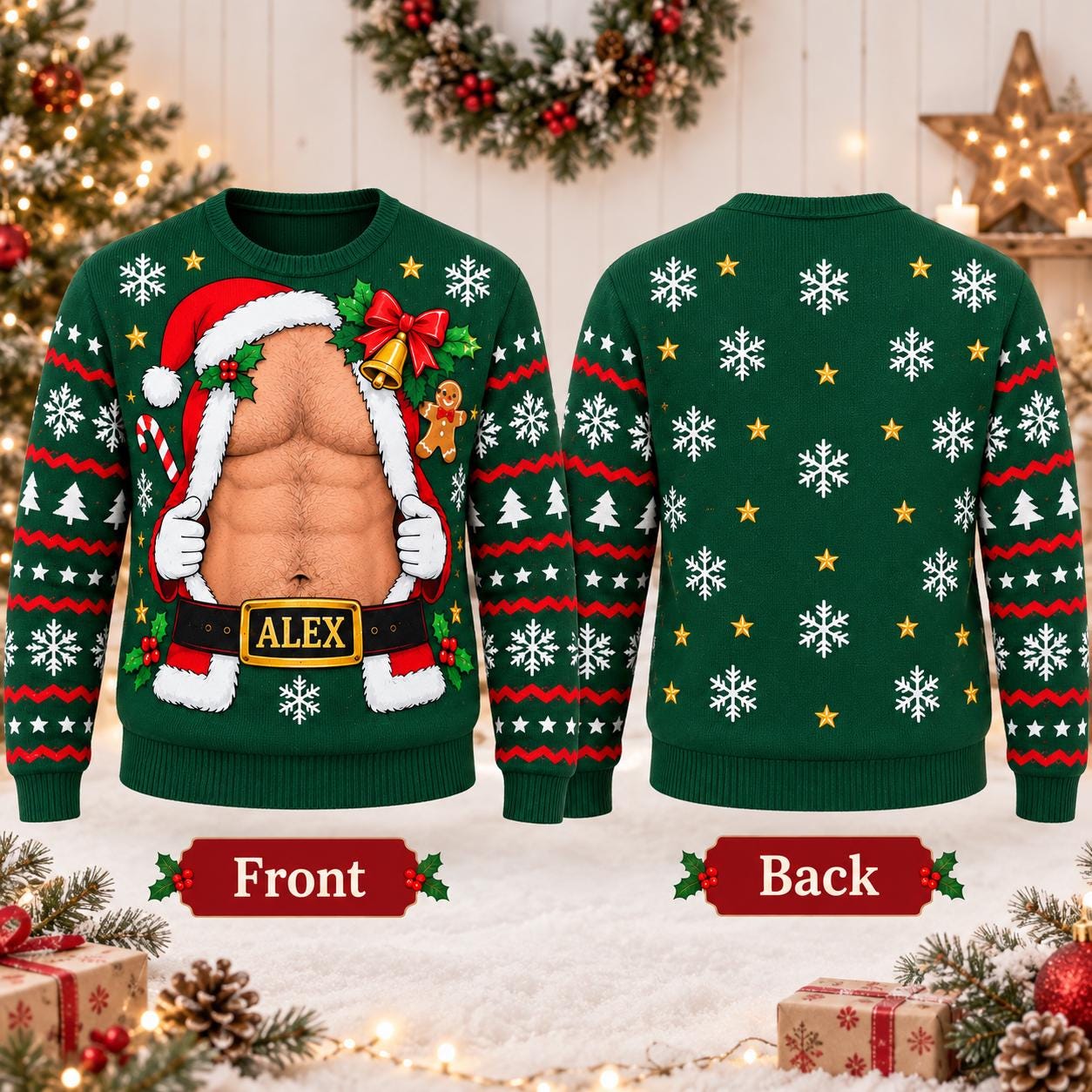 Funny Chest Reveal Party Custom Ugly Christmas Sweater - Image 2