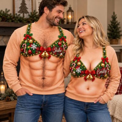 Couples Garland Bare Chest Custom Ugly Christmas Sweater