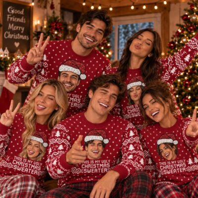 Team   Festive Face Portrait Custom  Ugly Christmas Sweater